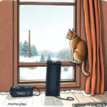cat on a window sill, looking out on a winter landscape. There is a large vertical battery on the floor below the window
