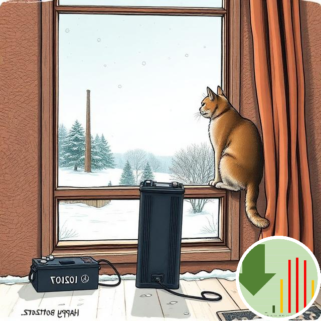 cat on a window sill, looking out on a winter landscape. There is a large vertical battery on the floor below the window