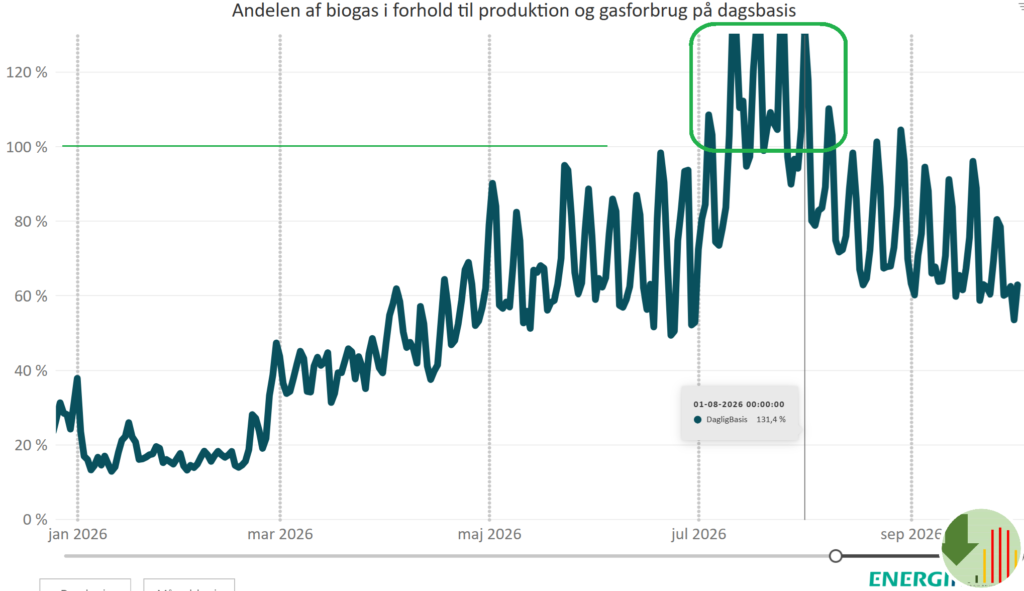 Daily share of biogas production compared to all gas
